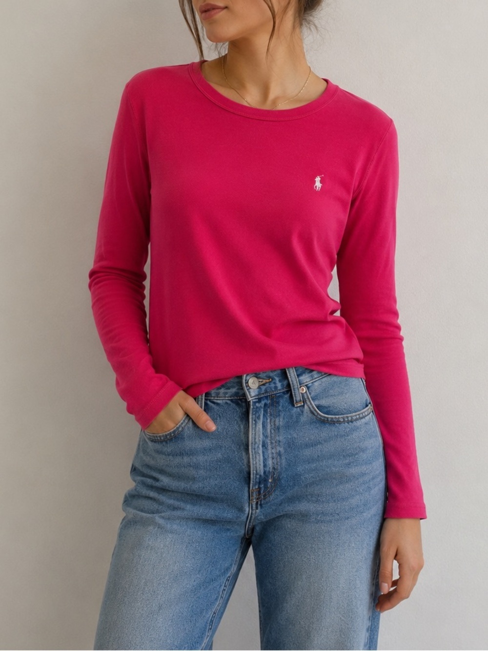 Ralph Lauren Pink Women’s Long Sleeve Shirt Size Large Cotton Knit Top Luxury